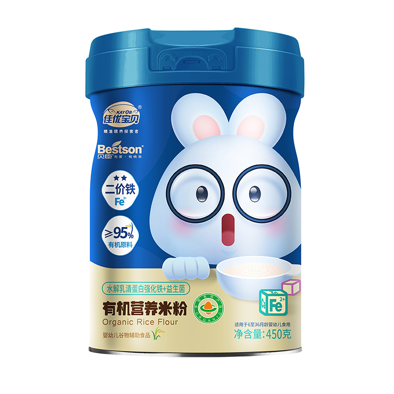 佳优宝贝水解乳清蛋白强化铁+益生菌有机米粉450克